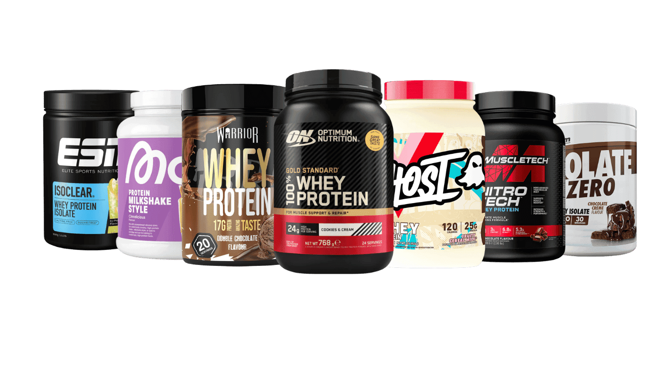 Row of popular UK protein powder brands including MyProtein, Optimum Nutrition, Ghost and MuscleTech