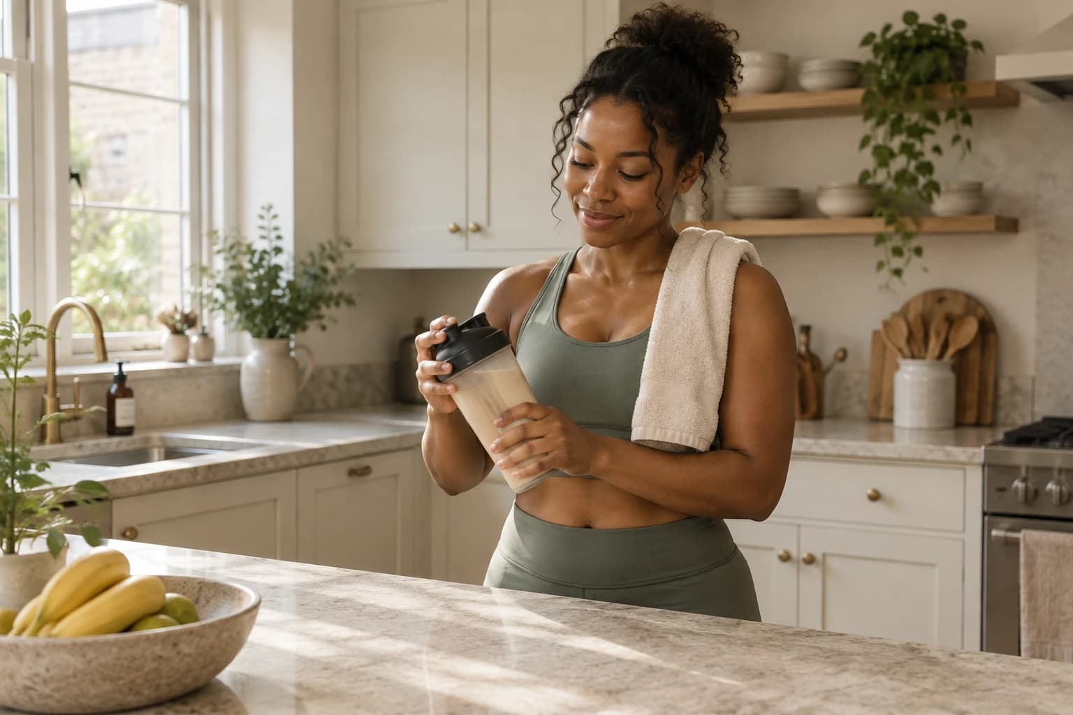 An adult preparing an unbranded shake in a sunlit kitchen.